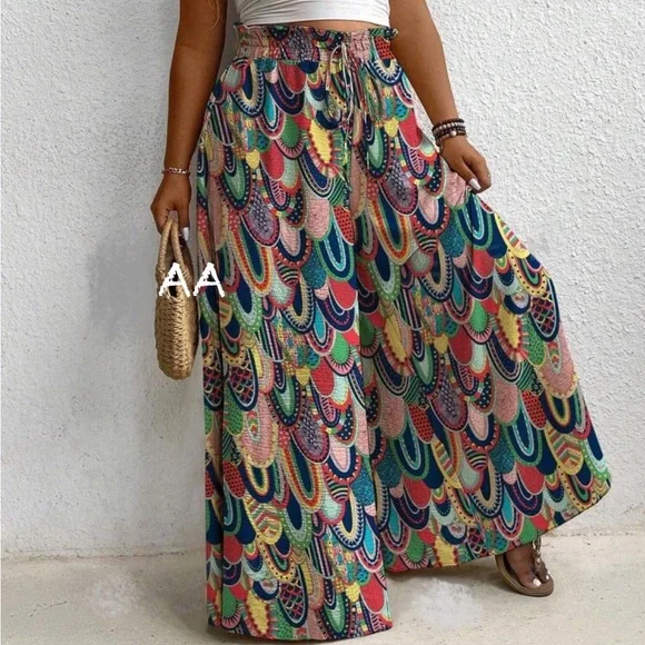 Plus Size Boho Abstract Geo Print Smocked  High Waist Wide Leg Palazzo Pants - Picture 4 of 4